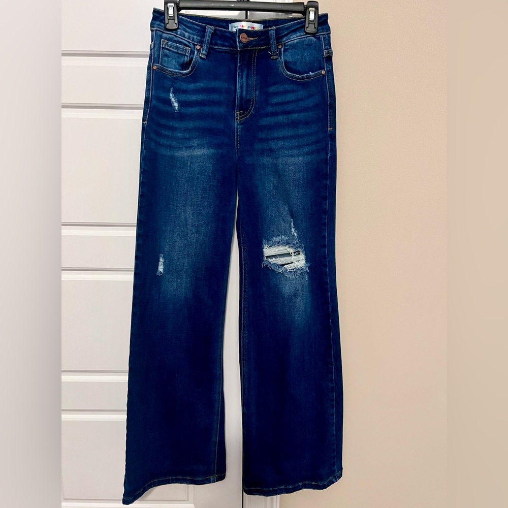 Risen Forget me Not High Rise Dark
Wash Distressed Wide Leg Jeans
